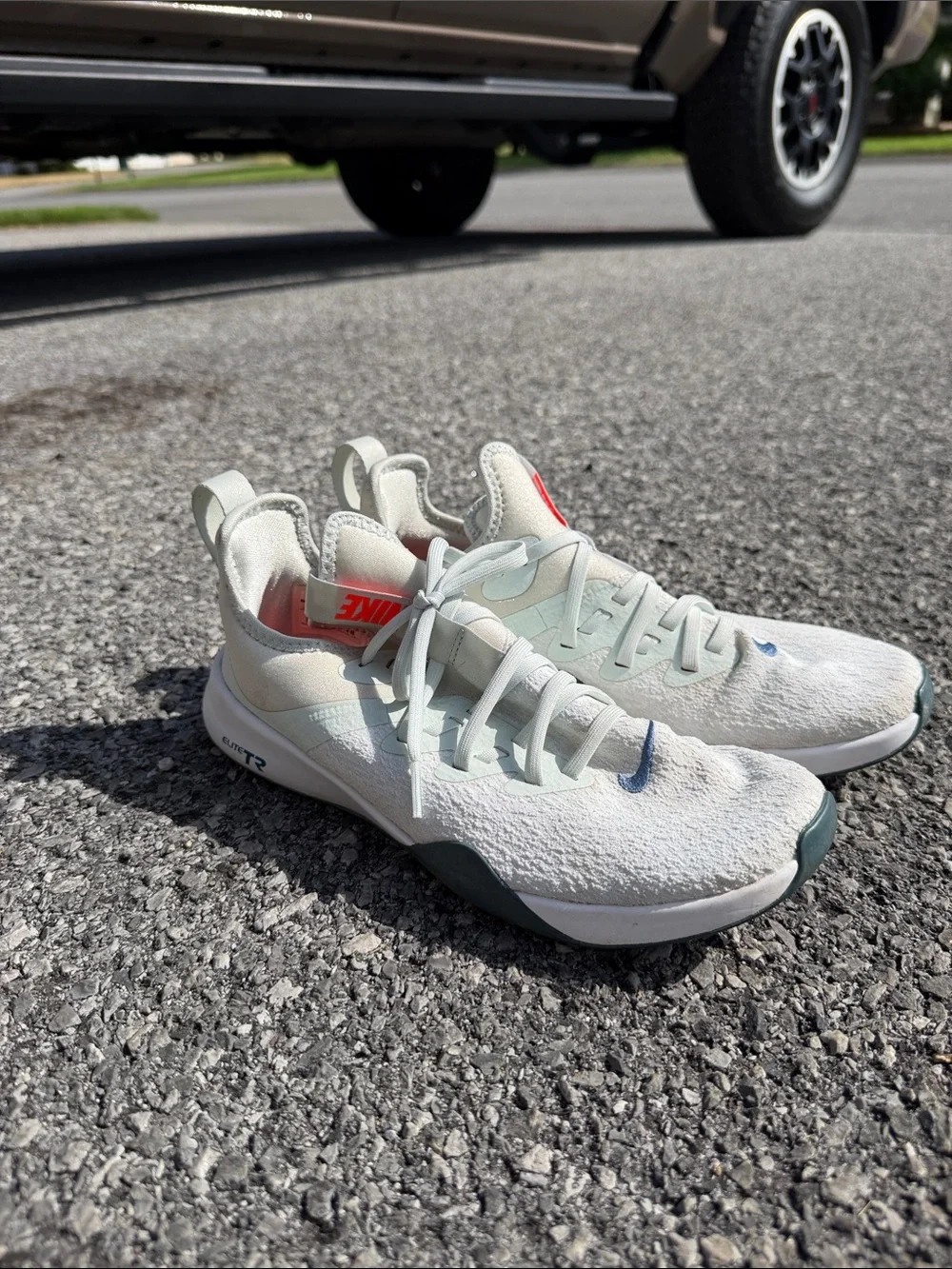 Nike Trainer Sneakers in White, Light Blue with Coral Accent